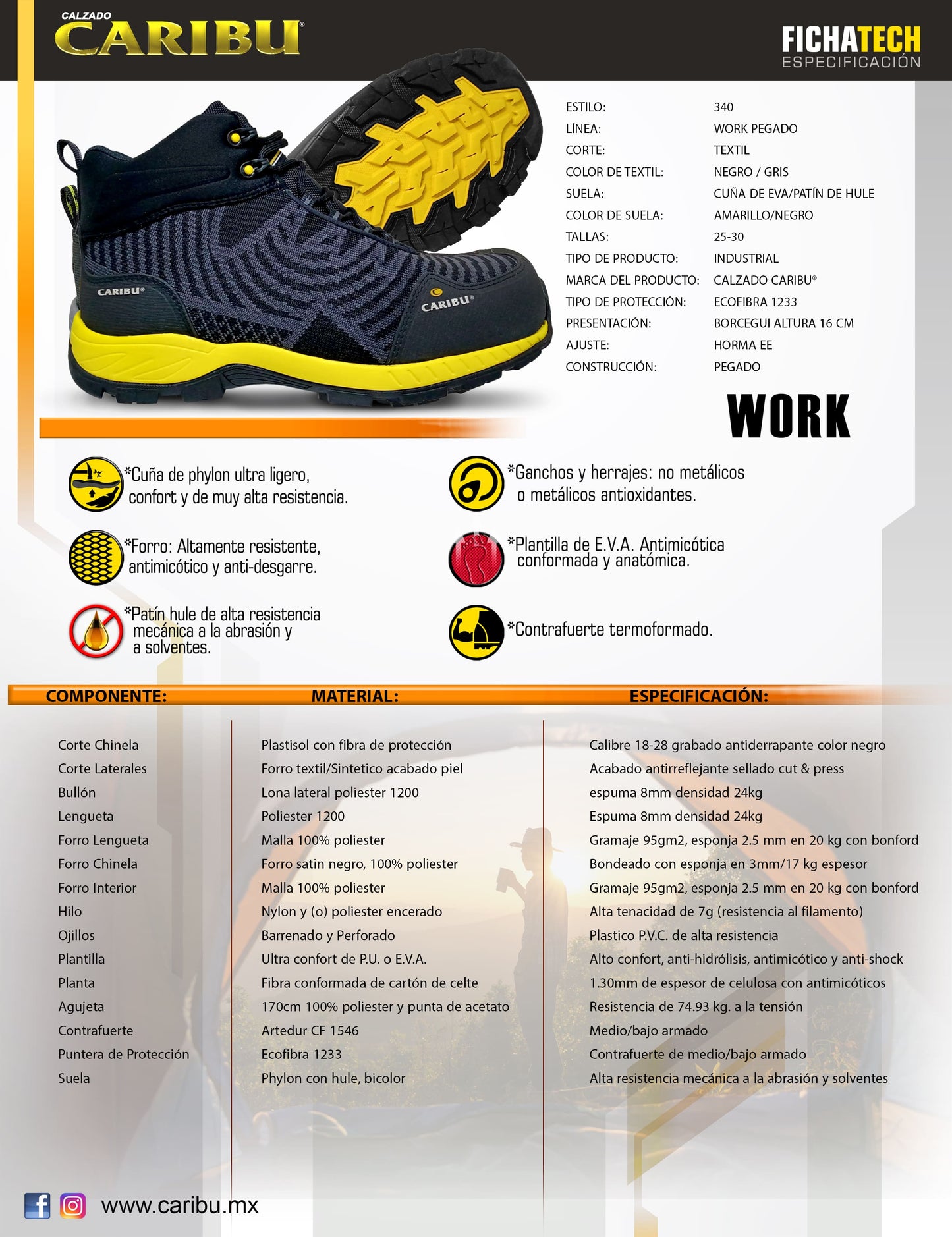 Bota de seguridad Industrial dieléctrico tipo tenis - Modelo Caribu 340 Negro / Gris - Bota de seguridad, táctica y tenis de seguridad